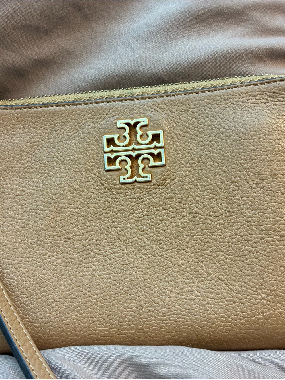 Tory Burch Camel/Tan Pebbled Leather Shoulder Bag with Gold Logo